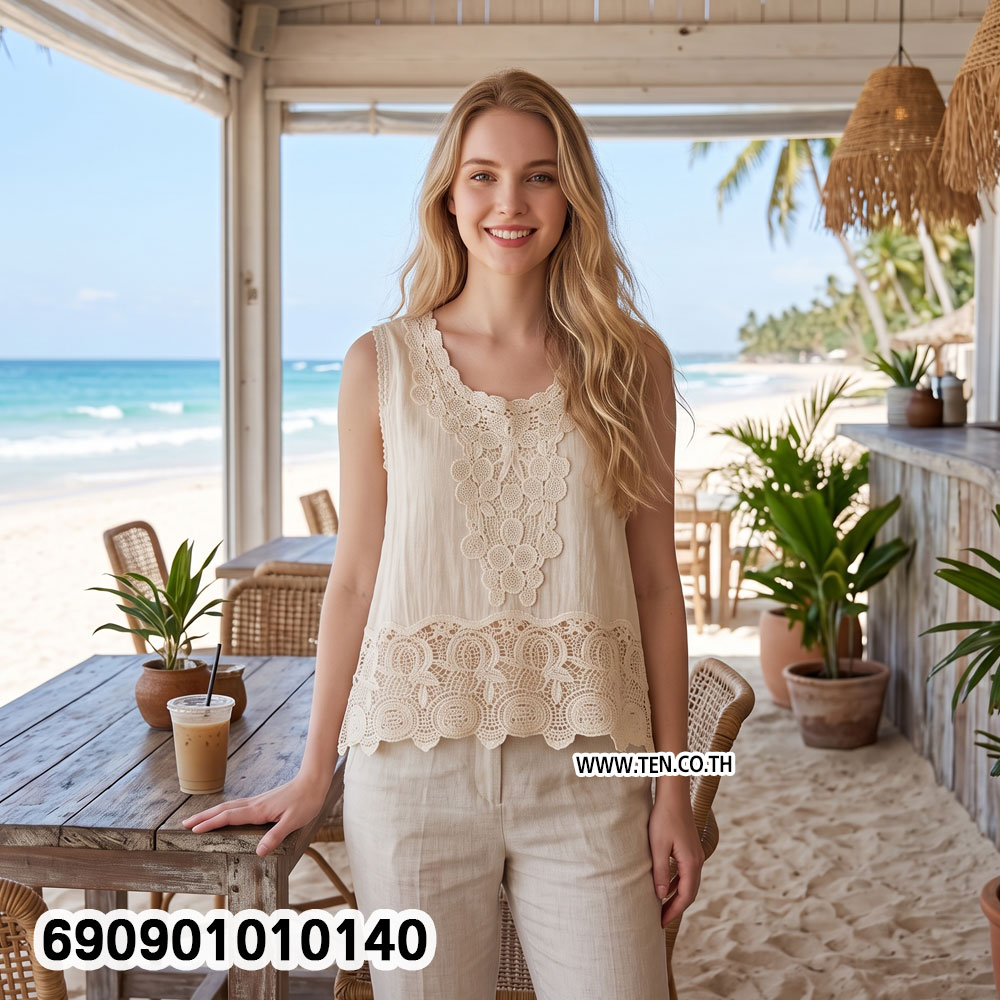 Lace Trim Sleeveless Top เสื้อแขนกุดแต่งลูกไม้ฉลุ สไตล์โบโฮ - 690901010140 - Image 2