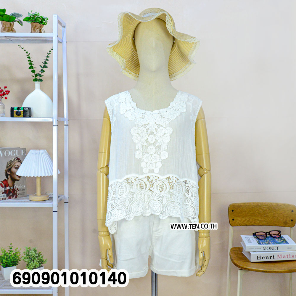 Lace Trim Sleeveless Top เสื้อแขนกุดแต่งลูกไม้ฉลุ สไตล์โบโฮ - 690901010140 - Image 5