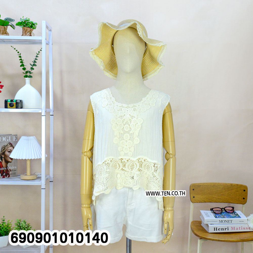Lace Trim Sleeveless Top เสื้อแขนกุดแต่งลูกไม้ฉลุ สไตล์โบโฮ - 690901010140 - Image 4