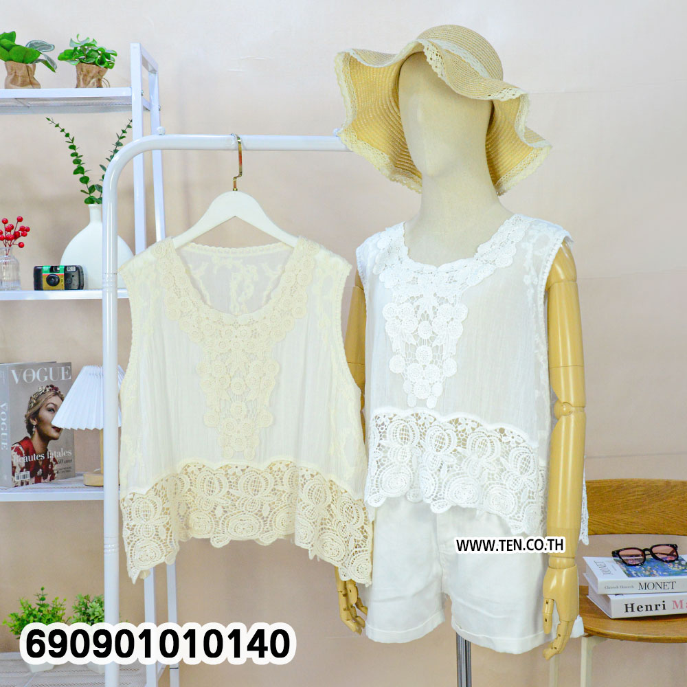 Lace Trim Sleeveless Top เสื้อแขนกุดแต่งลูกไม้ฉลุ สไตล์โบโฮ - 690901010140 - Image 3