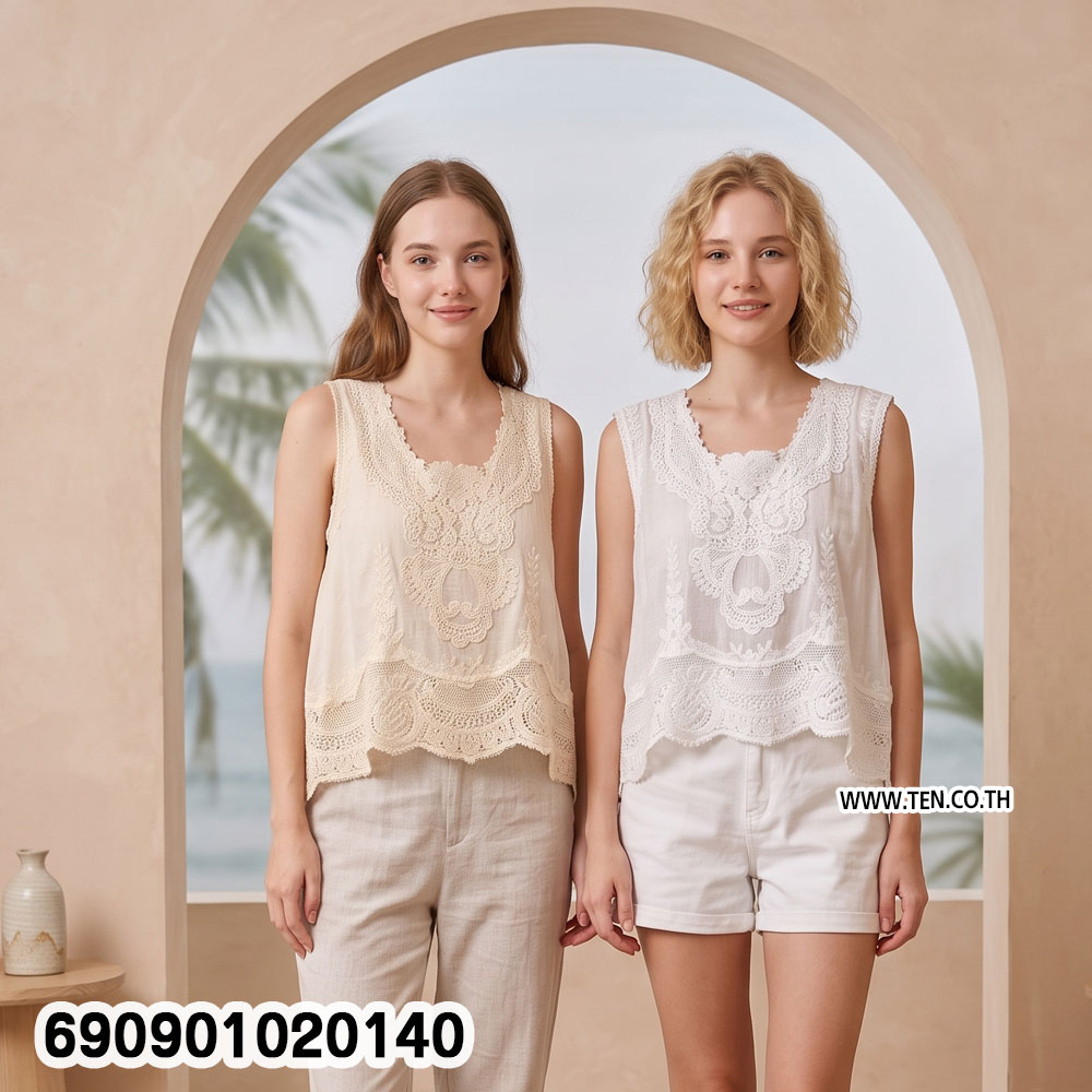 Boho Lace Trim Sleeveless Top เสื้อแขนกุดแต่งชายลูกไม้ฉลุ สไตล์โบฮีเมียน - 690901020140