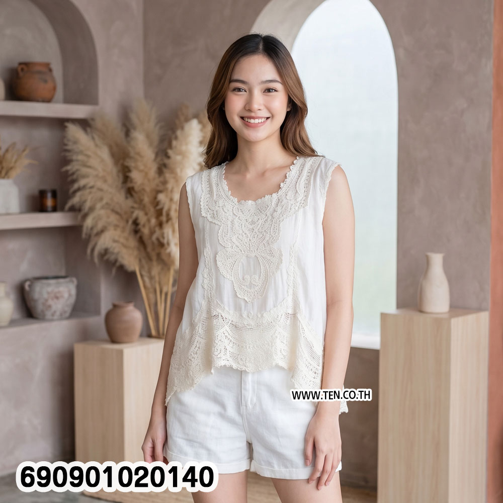Boho Lace Trim Sleeveless Top เสื้อแขนกุดแต่งชายลูกไม้ฉลุ สไตล์โบฮีเมียน - 690901020140 - Image 2