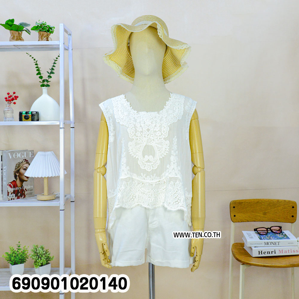 Boho Lace Trim Sleeveless Top เสื้อแขนกุดแต่งชายลูกไม้ฉลุ สไตล์โบฮีเมียน - 690901020140 - Image 5