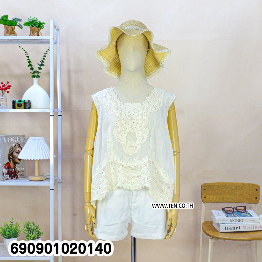 Boho Lace Trim Sleeveless Top เสื้อแขนกุดแต่งชายลูกไม้ฉลุ สไตล์โบฮีเมียน - 690901020140 - Image 4