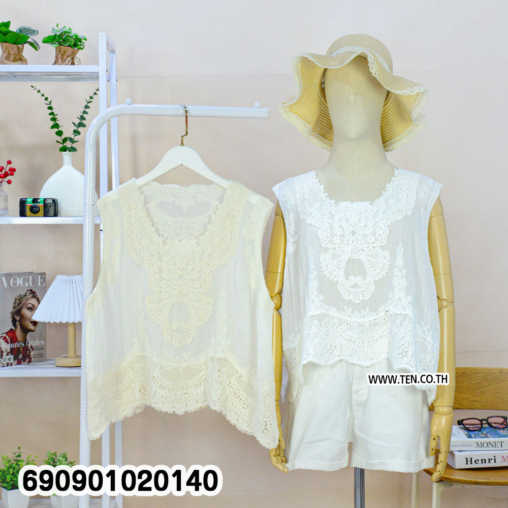 Boho Lace Trim Sleeveless Top เสื้อแขนกุดแต่งชายลูกไม้ฉลุ สไตล์โบฮีเมียน - 690901020140 - Image 3