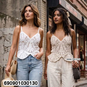 Fan Pattern Crochet Cami Top with Peplum เสื้อสายเดี่ยวถักโครเชต์ ชายบาน สไตล์โบโฮ - 690901030130
