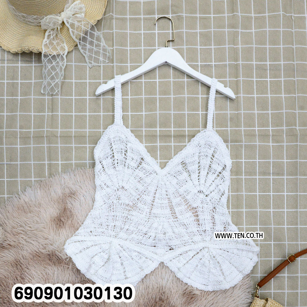 Fan Pattern Crochet Cami Top with Peplum เสื้อสายเดี่ยวถักโครเชต์ ชายบาน สไตล์โบโฮ - 690901030130 - Image 5