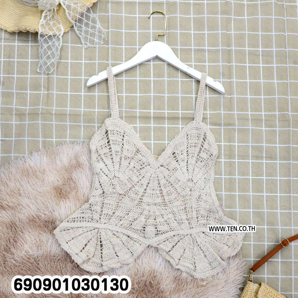 Fan Pattern Crochet Cami Top with Peplum เสื้อสายเดี่ยวถักโครเชต์ ชายบาน สไตล์โบโฮ - 690901030130 - Image 4