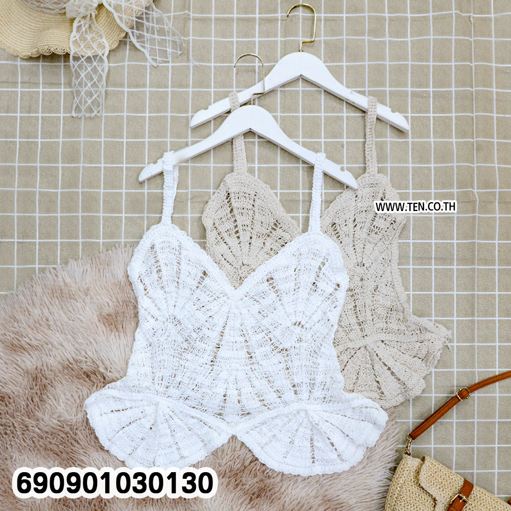 Fan Pattern Crochet Cami Top with Peplum เสื้อสายเดี่ยวถักโครเชต์ ชายบาน สไตล์โบโฮ - 690901030130 - Image 3