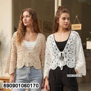 Summer Flare Sleeve Crochet Front-Tie Top เสื้อคลุมถักโครเชต์แขนบาน ผูกหน้า ลุคซัมเมอร์ - 690901060170