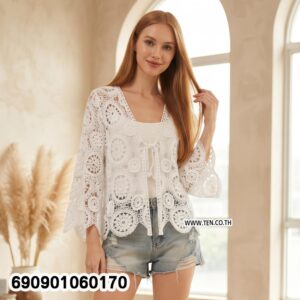 Alternative view of Summer Flare Sleeve Crochet Front-Tie Top เสื้อคลุมถักโครเชต์แขนบาน ผูกหน้า ลุคซัมเมอร์ - 690901060170