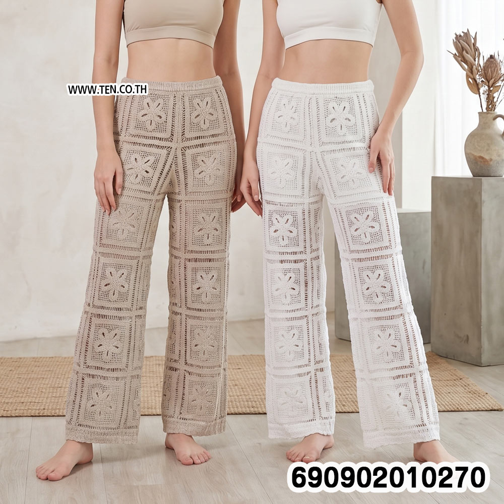 Floral Crochet Wide Leg Pants กางเกงขายาวถักโครเชต์ ลายดอกไม้ สไตล์โบโฮ - 690902010270
