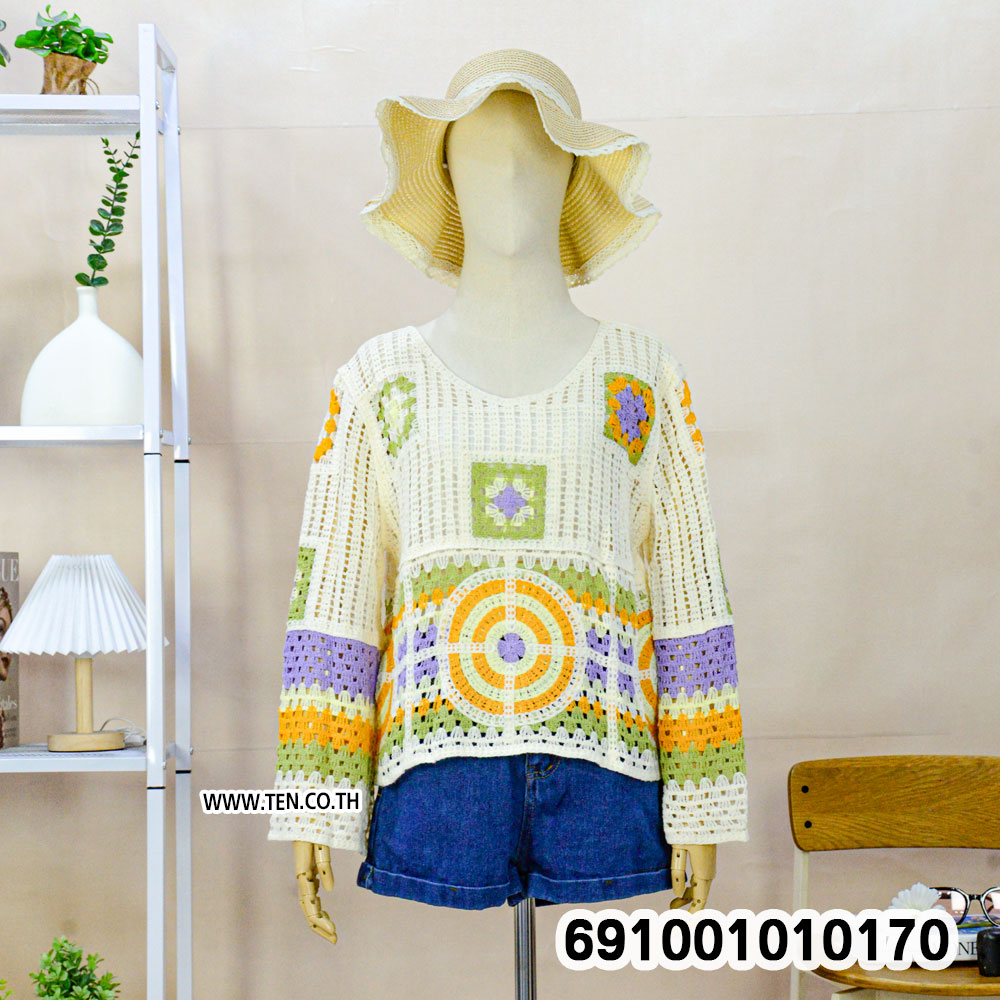 Boho Multicolor Crochet Knit Top เสื้อถักโครเชต์ผู้หญิงแขนยาว สไตล์โบโฮหลากสี - 691001010170 - Image 9