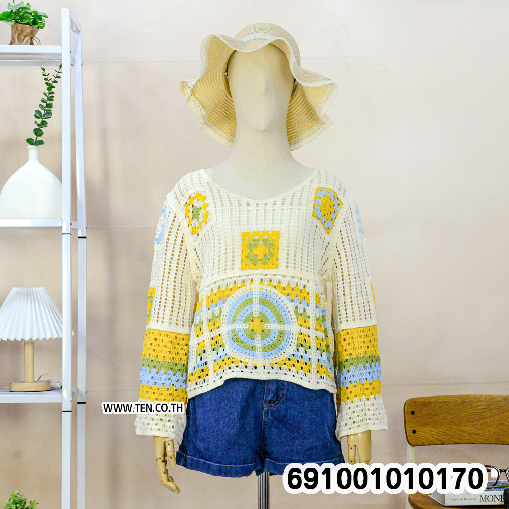 Boho Multicolor Crochet Knit Top เสื้อถักโครเชต์ผู้หญิงแขนยาว สไตล์โบโฮหลากสี - 691001010170 - Image 8