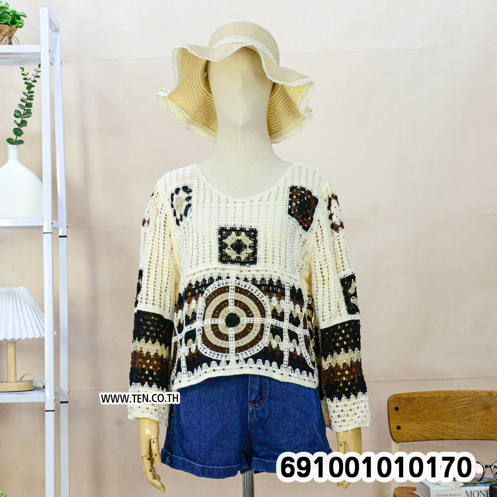 Boho Multicolor Crochet Knit Top เสื้อถักโครเชต์ผู้หญิงแขนยาว สไตล์โบโฮหลากสี - 691001010170 - Image 7