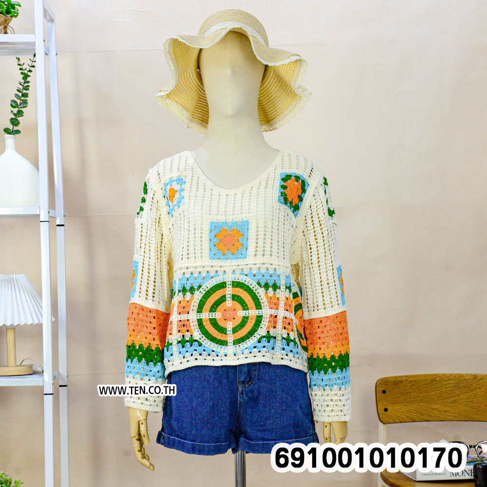 Boho Multicolor Crochet Knit Top เสื้อถักโครเชต์ผู้หญิงแขนยาว สไตล์โบโฮหลากสี - 691001010170 - Image 6