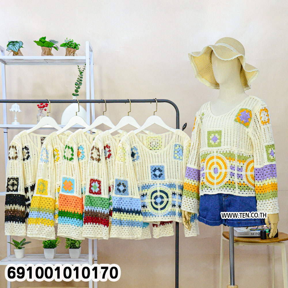 Boho Multicolor Crochet Knit Top เสื้อถักโครเชต์ผู้หญิงแขนยาว สไตล์โบโฮหลากสี - 691001010170 - Image 3
