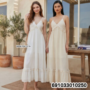 Women's Romantic V-Neck Spaghetti Strap Maxi Dress เดรสยาวผู้หญิงคอวี สายเดี่ยว สไตล์หวานละมุน - 691033010250