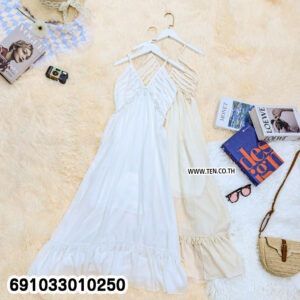 Women's Romantic V-Neck Spaghetti Strap Maxi Dress เดรสยาวผู้หญิงคอวี สายเดี่ยว สไตล์หวานละมุน - 691033010250 - Image 3